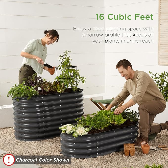 Best Choice Products 4x2x2ft Outdoor Metal Raised Garden Bed, Oval Deep Root Planter Box for Vegetables, Flowers, Herbs, and Succulents w/ 101 Gallon Capacity, Rubber Edge Guard - Taupe BestChoiceProducts