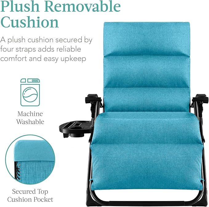 Best Choice Products Oversized Zero Gravity Chair, Folding Outdoor Patio Recliner, XL Anti Gravity Lounger w/Removable Cushion, Cup Holder, Side Tray, 350lb Capacity - Light Blue BestChoiceProducts