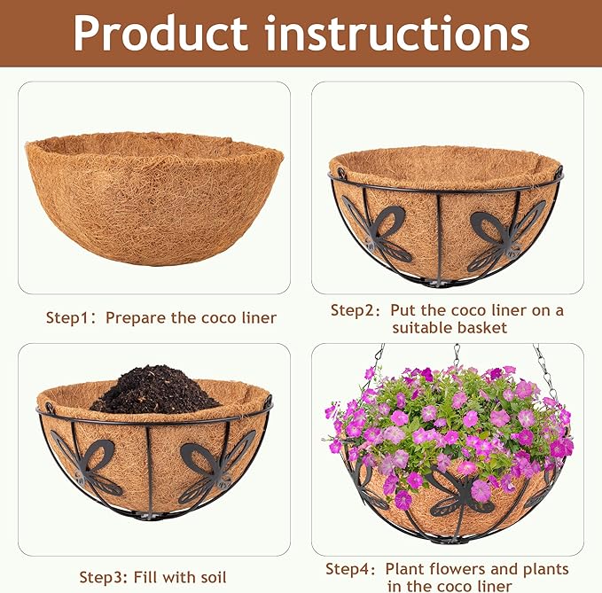 Hanging Baskets Planter for Plants, 2 Pack 10 Inch Round Metal Wire Hanging Flower Pots with Coco Coir Liner Chain, Plant Holder for Home Garden Balcony Decor ARVINKEY