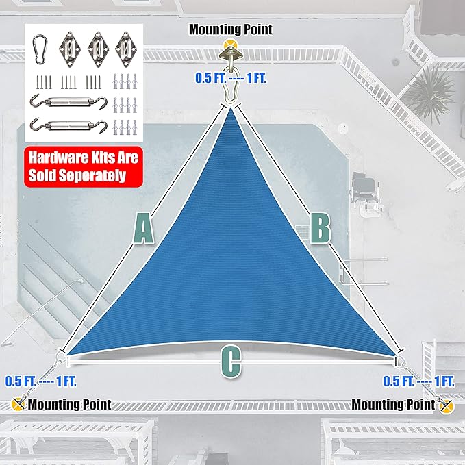 Amgo 16' x 16' x 16' Blue Triangle Sun Shade Sail Outdoor Canopy Awning UPF50+ AGTAPRT12, 95% UV Blockage, Water & Air Permeable, Commercial Standard Heavy Duty (We Make Custom Size) Amgo