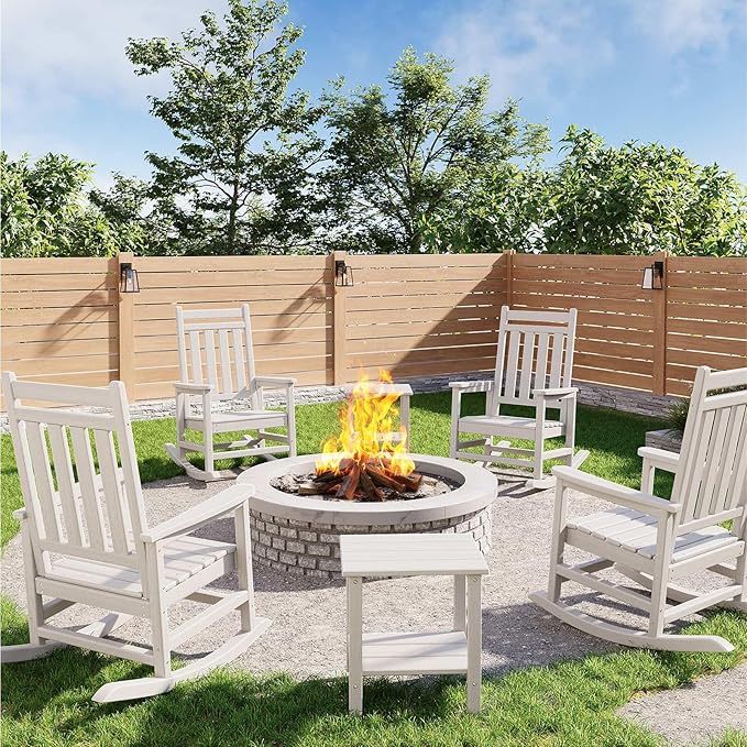 HDPE Rocking Chair Outdoor Set of 2 with Side Table - Poly High Back Porch Rocker Chairs for Adults - All Weather Resistant Furniture for Patio Front Porch - White Garvee