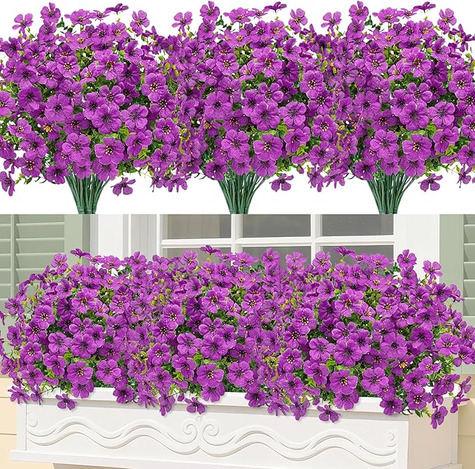 Bassion Artificial Flowers for Outdoors, 24 Bundles UV Resistant Fake Flowers Realistic Silk Faux Plants for Outdoor Planter Window Box Porch Patio Garden Home Outside Decorations Bassion