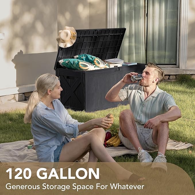 Devoko 120 Gallon Deck Box Resin Outdoor Storage Box Waterproof for Patio, Large Outdoor Storage Bench Lockable for Outside (Black) DEVOKO