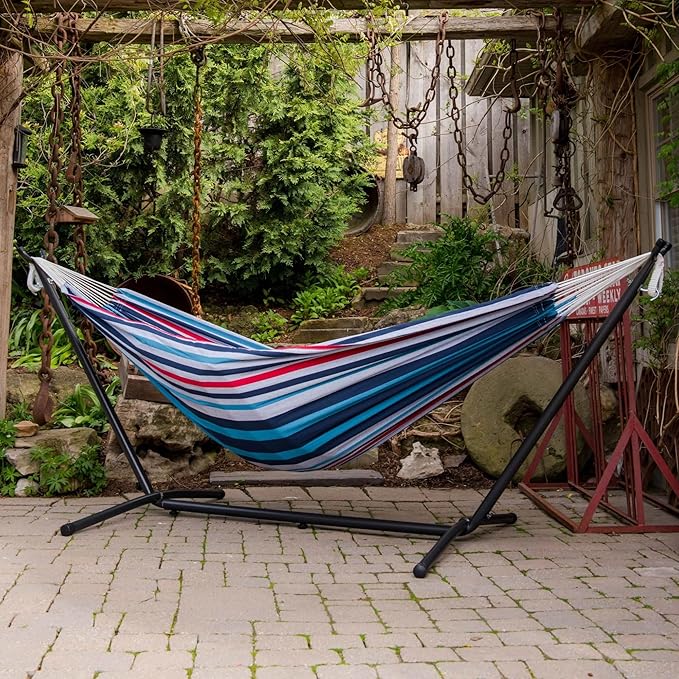 Vivere Double Cotton Hammock with Space Saving Steel Stand, Upgraded Polyester End Strings 450 lb Capacity - Premium Carry Bag Included - (Denim) Vivere