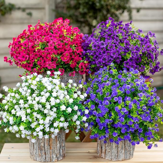 Artificial Flowers for Outdoors Fake Plants - 16 Bundles Faux Outside Greenery Boxwood No Fade Plastic Shrubs Fall Decor Farmhouse Home Garden Thanksgiving Mums (Red) AXYLEX