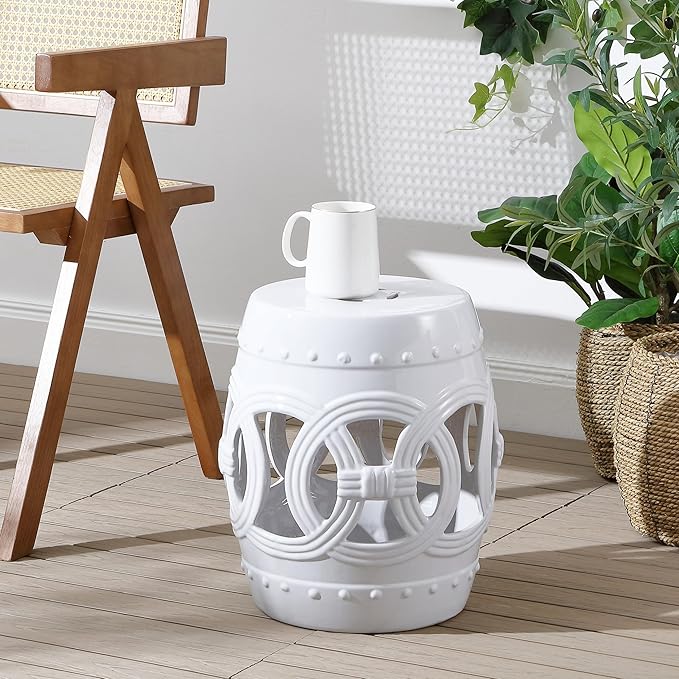 JONATHAN Y TBL1022A Lucky Coins 16" Chinese Ceramic Drum Indoor/Outdoor Garden Stool, Bohemian, Coastal, Cottage, French Country, Traditional, Spill-Proof, Living Room, Garden Room, Patio, White JONATHANY