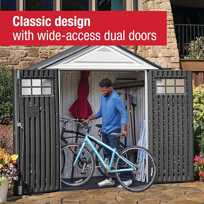 Rubbermaid Resin Outdoor Storage Shed With Floor (7 x 3.5 Ft) Weather Resistant, White, Organization for Home/Backyard/Garden Tools/Lawn Mower/Bike Storage/Pool Supplies Rubbermaid