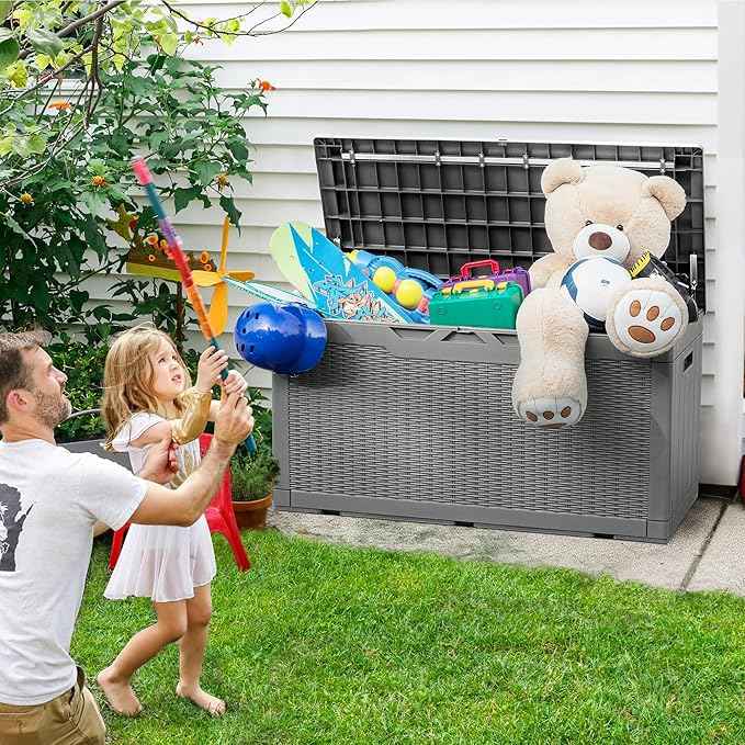 Greesum 100 Gallon Resin Deck Box Large Outdoor Storage with Cushions for Patio Furniture, Garden Tools, Pool Supplies, Weatherproof and UV Resistant, Lockable,Gray