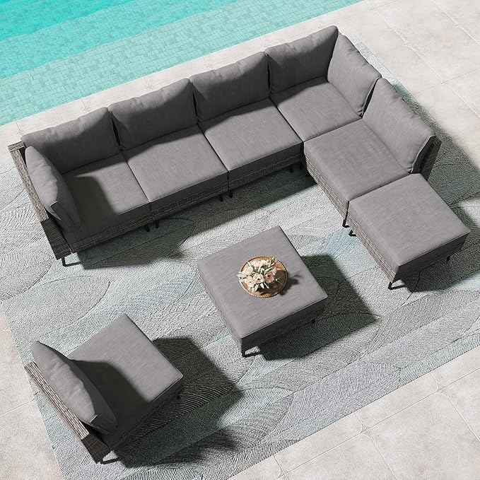 LAUSAINT HOME 8 Piece Outdoor Sectional Sofa PE Rattan Patio Conversation Sets, All Weather Patio Furniture Set with Thick Cushions for Garden, Poolside, Backyard (Grey) LAUSAINTHOME