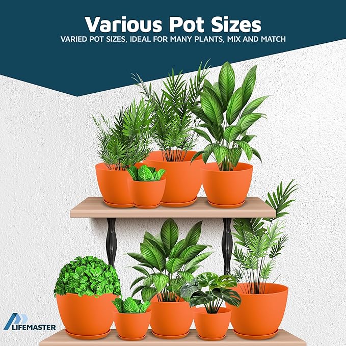 Yellow Plant Pots with Drainage Holes & Saucers 3 Pack, Indoor & Outdoor Stackable Space-Saving Planters for Houseplants & Flowers, (7", 6.7", and 6" Inches), Durable & Weatherproof Materials LIFEMASTER