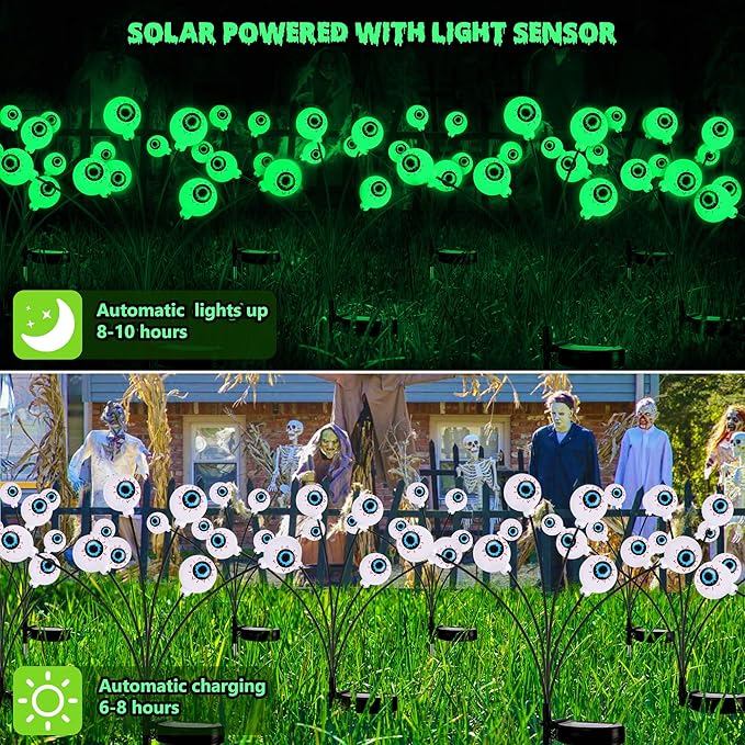 BrizLabs 4 Pack 24 LED Halloween Solar Lights, 2 Modes Outdoor Halloween Eyeball Pathway Lights, Solar Spooky Walkway Light Waterproof, Green Swaying Firefly Lighting for Path Yard Garden Lawn BrizLabs