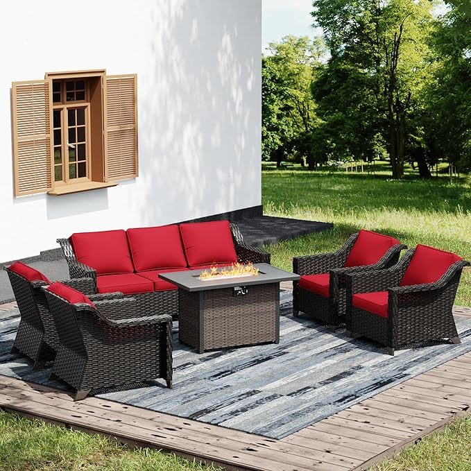 Joyside Wicker Patio Furniture Sets, 6 Pieces Upgraded Large Size Outdoor Furniture with 4 Swivel Rocking Patio Chairs, 3-Seat Sofa, Fire Table,Thick Cushions, Wide Armrest, Red Joyside