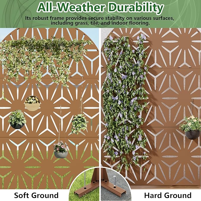 Casaphoria Metal Privacy Screen Outdoor, 72" H x 47" W Arched Freestanding Decorative Privacy Screen for Patio Deck Balcony Garden with Stable Base, Brown-Star Casaphoria
