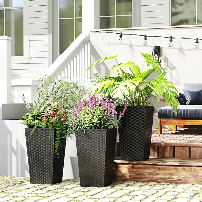 Outsunny Tall Planters for Outdoor Plants Set of 3, 24 in Taper Planters with Drainage Holes, Rattan Decor Plant Pots for Indoor Outdoor Front Porch Patio Backyard, Black Outsunny