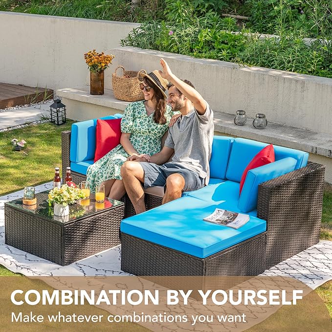 Devoko 5 Pieces Patio Furniture Sets All Weather Outdoor Sectional Patio Sofa Manual Weaving Wicker Rattan Patio Seating Sofas with Cushion and Glass Table (Blue) DEVOKO