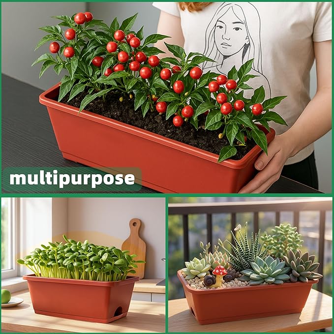 Window Box Planter, 12 Pack Plastic Vegetable Flower Planters Boxes 17 Inches Rectangular Flower Pots with Saucers for Indoor Outdoor Garden, Patio, Home Decor (Brick RED) (Brick RED) LOCONHA