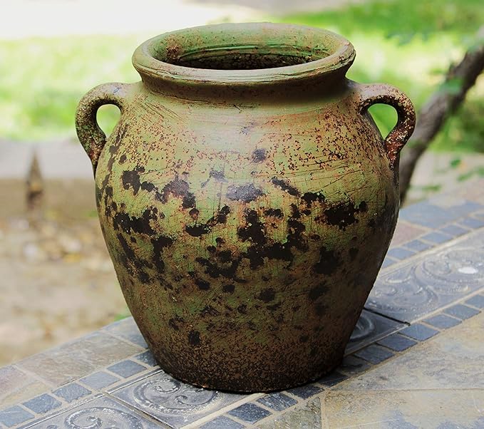 Egyptian Era Designed Earthen Ware Terra-Cotta Vessel/Planter with Looped Handles (Fat Belly Winter Green) Goodman+and+Wife