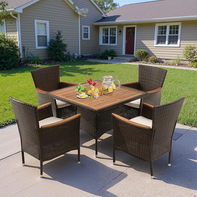 Wisteria Lane Patio Outdoor Table and Chairs Set, Rattan Outdoor Patio Furniture Set with Removable Cushions, Outdoor Patio Dining Sets with Acacia Wood Tabletop for Deck Garden Backyard, Brown WisteriaLane