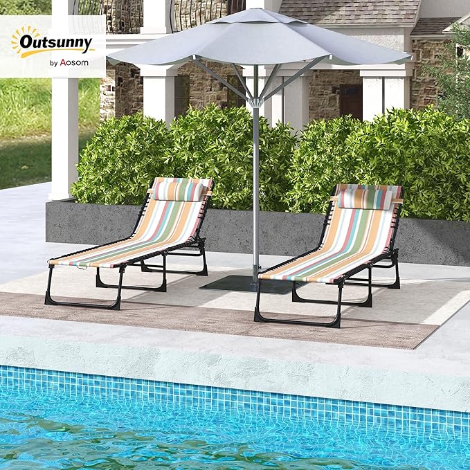 Outsunny Folding Chaise Lounge Chair Set of 2, Patio Sun Tanning Chair, Outdoor Chaise Lounger with 4-Position Reclining Back, Breathable Mesh Seat for Beach, Poolside, Rainbow Striped Outsunny