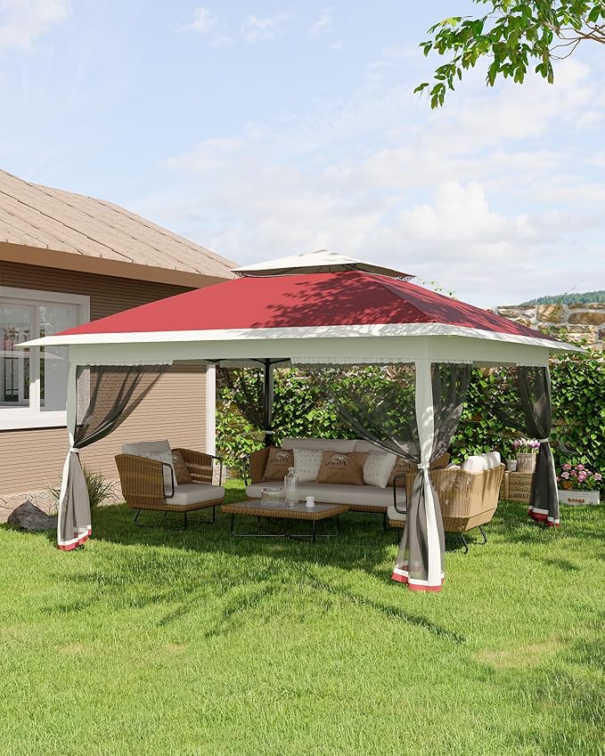 Canopy Tent 12x12 ft, Pop Up Gazebo One-Push Setup with 4 SandBags for Backyard Parties and BBQs, Mosquito Netting & Height Adjustable - Red GarveeLife
