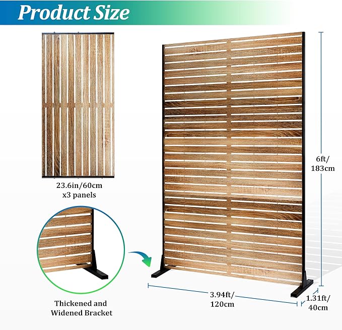 FENCY Metal Privacy Screen 72" H×47" W Natural Wood Color Outdoor Privacy Screen, Freestanding Decorative Privacy Fence Panels for Deck Balcony Patio FENCY