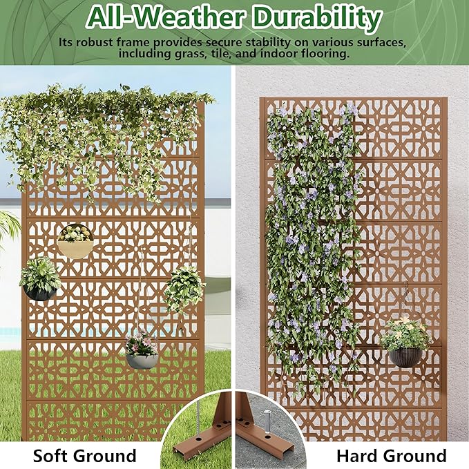 Casaphoria Metal Privacy Screen Outdoor, 72" H x 35" W Freestanding Decorative Privacy Screen for Patio Deck Balcony Garden with Stable Base, Brown-Perilla Casaphoria