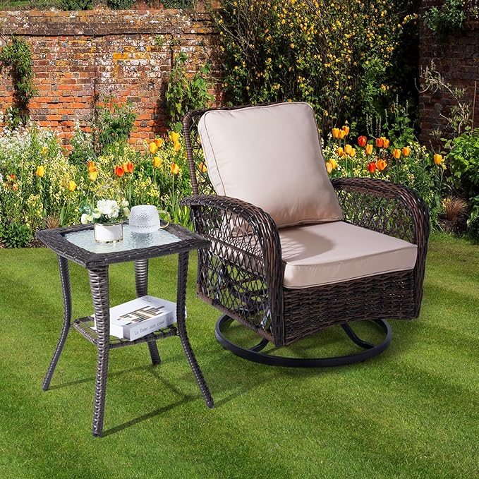 VINGLI Outdoor Side Table with Storage Wicker Patio Side Table, Tempered Glass Top End Table for Balcony Porch Deck (Grey) VINGLI