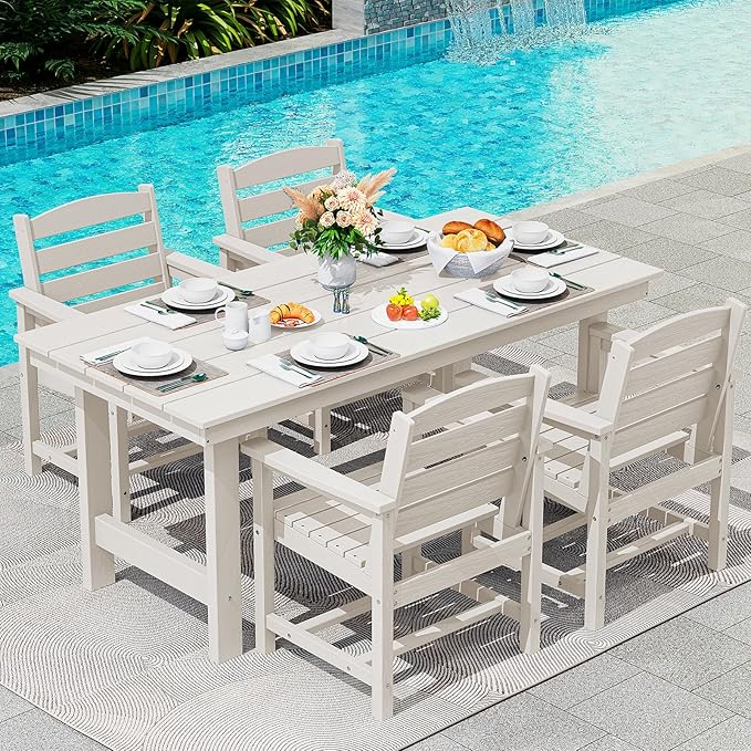 SERWALL Patio Table Set, Outdoor HDPE Dining Set with Umbrella Hole, 5-Piece - Table and 4 Chairs, All Weather for Lawn, Garden, Poolside, White SERWALL