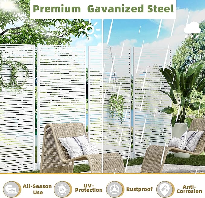 Casaphoria Metal Privacy Screen Outdoor, 72" H x 47" W Freestanding Decorative Privacy Screen for Patio Deck Balcony Garden with Stable Base, White-Shine Casaphoria
