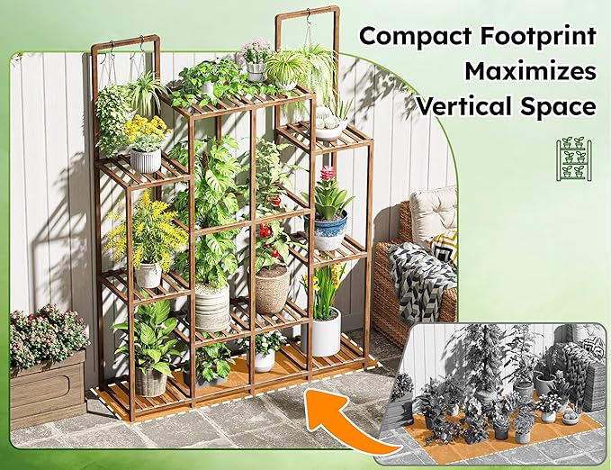 EnHomee Plant Stand Indoor Wood Plant Stand Outdoor Plant Shelf with 14-18 Potted Double Rod Large Plants Holder 440LBS Plants Shelves for Living Room Patio Balcony Yard Garden 44.8''W×11.6''D×47''H EnHomee
