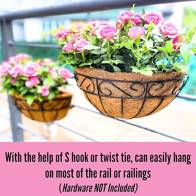 LaLaGreen Wall Hanging Planter, 2 Pack, 12 Inch Wall Mounted Flower Basket with Coco Liner for Outdoor Plants, Black Metal Wire Rail Herb Pot Holder Fence Railing Deck Porch Balcony Garden Patio Decor L%C3%A1L%C3%A1Green