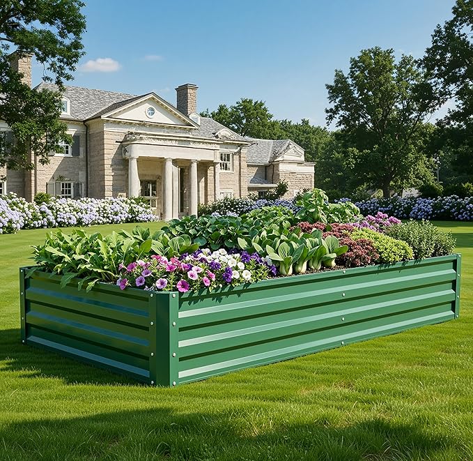YITAHOME 6x3x1ft 2pcs Large Raised Garden Bed Kit, Galvanized Metal Planter Box with Gloves, Ground Nails, Support Rod, Outdoor Above Ground Planters for Plants Vegetables Flowers, Green YITAHOME
