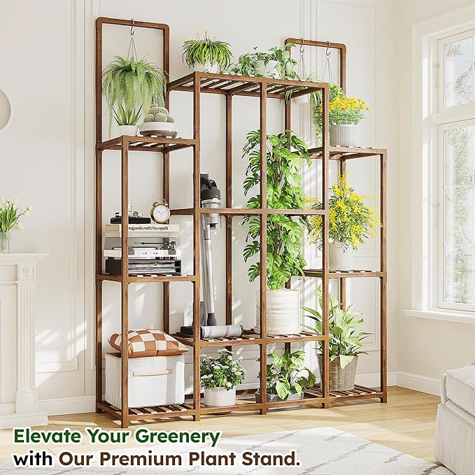 EnHomee Plant Stand Indoor Wood Plant Stand Outdoor Plant Shelf with 14-18 Potted Double Rod Large Plants Holder 440LBS Plants Shelves for Living Room Patio Balcony Yard Garden 44.8''W×11.6''D×47''H EnHomee