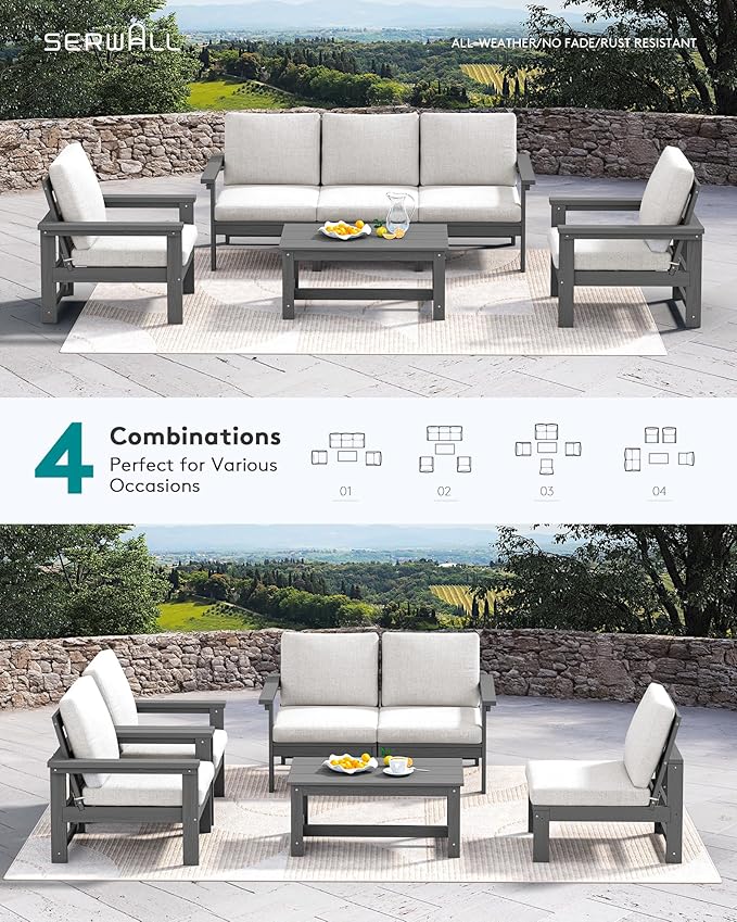 SERWALL HDPE Patio Conversation Set, 6-piece Sectional Outdoor Furniture Set, All Weather Outdoor Couch Set Patio Furniture Set for Deck, Lawn, Grey Frame with Grey Cushion SERWALL