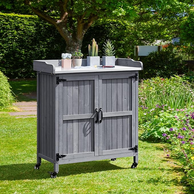 Yaheetech Garden Potting Bench Table, Outdoor Garden Horticultural Wooden Storage Cabinet & Solid Wood Planting Work Bench with Large Space Storage & Metal-Plated Tabletop, Gray Yaheetech