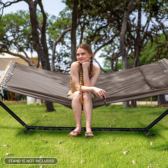 SUNCREAT Double Quilted Hammock with Hardwood Spreader Bar, Extra Large Soft Pillow, Heavy Duty 2 Person Hammock for Indoor, Outdoor, Brown SUNCREAT