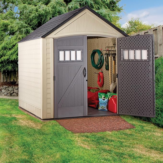 Rubbermaid Resin Outdoor Storage Shed with Floor (7 x 7 Ft) Weather Resistant, Brown Gable, Organization for Home/Backyard/Garden Tools/Lawn Mower/Bike Storage/Pool Supplies Rubbermaid