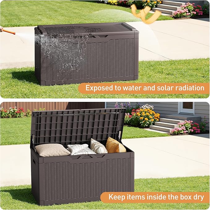 Greesum 100 Gallon Resin Deck Box Large Outdoor Storage Boxes with Cushions for Garden Tools, Patio Furniture Pillows, Pool Supplies, Dark Brown BuynowfromGreesum