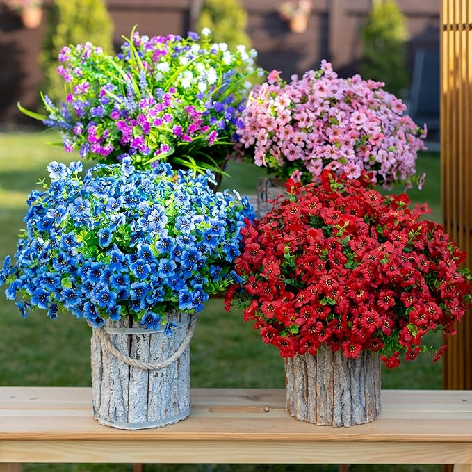 Artificial Flowers for Outdoors Fake Plants - 16 Bundles Faux Outside Greenery Boxwood No Fade Plastic Shrubs Fall Decor Farmhouse Home Garden Thanksgiving Mums (PureRed) AXYLEX