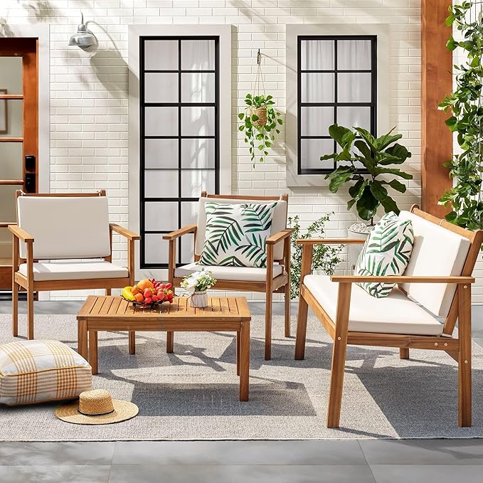 Flamaker Patio Furniture 4 Piece Outdoor Acacia Wood Patio Conversation Sofa Set with Table & Cushions Porch Furniture for Deck, Balcony, Backyard Flamaker