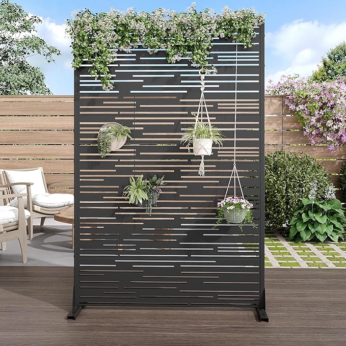Casaphoria Metal Privacy Screen Outdoor, 72" H x 47" W Freestanding Decorative Privacy Screen for Patio Deck Balcony Garden with Stable Base, Shine Black Casaphoria