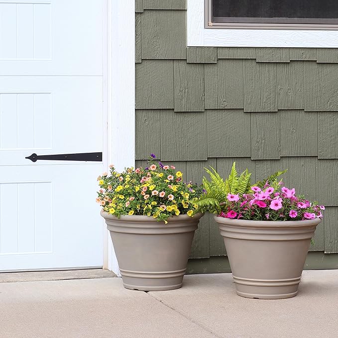 Sunnydaze 20-Inch Franklin Large Plant Pot - Polyresin Round Outdoor Planter with Drillable Drainage Hole - 2 Pack - Beige SunnydazeDecor