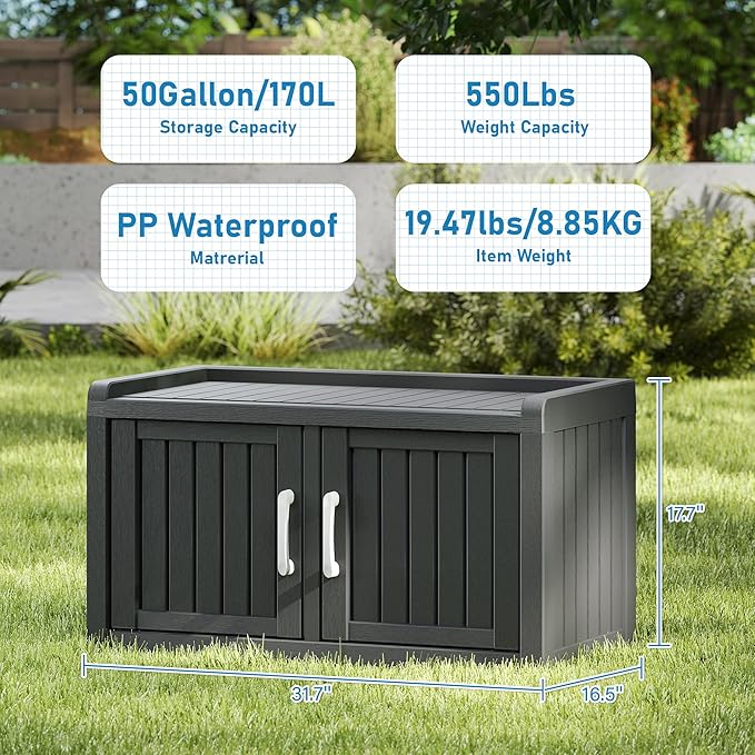2-Tier Storage Bench, Waterproof UV-Resistant Outdoor Shoe Storage Cabinet with 2 Doors & Adjustable Shelves for Indoor Outdoor Entryway, Hallway, Living Room (Midnight Black) NBYSGO