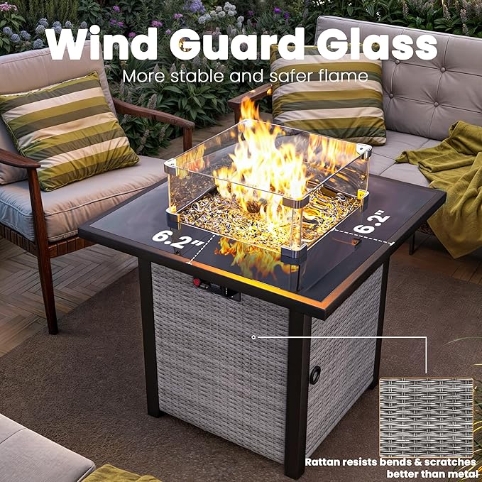 9 Piece Outdoor Patio Furniture Set with 28'' Fire Pit Table, Outdoor Sectional Furniture, Rattan & Wicker Modern Modular Conversation Set Sofa Couch W/Water Resistant Washable Thick Cushions, Beige Olimix