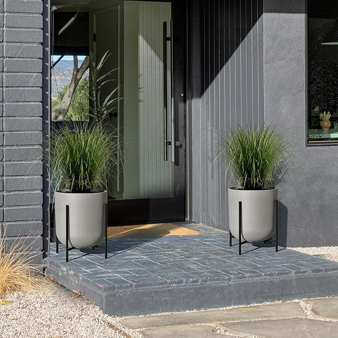 Veradek Mason Series Raised Lima Planter - Round Planter for Patio/Balcony | Plastic-Stone Composite w/Metal Plant Stand | Modern Décor for Plants VeradekOutdoor