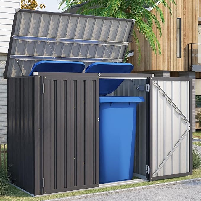 AECOJOY Outdoor Trash Can Storage Shed, 46 Cu.Ft Outside Garbage Can Storage Shed, Dark Grey Outdoor Horizontal Storage Cabinet Waterproof, Bike Sheds & Outdoor Storage Clearance AECOJOY