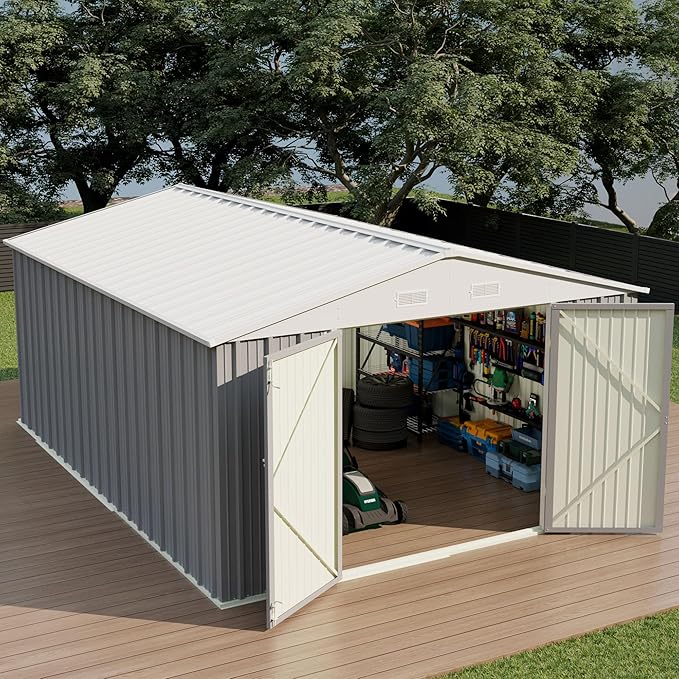 Devoko 10x12 FT Outdoor Storage Shed, Large Metal Storage Sheds with Lockable Door, Utility Garden Tool Shed with Sloping Roof, Outside Steel Storage Sheds for Patio Lawn Backyard, Gray DEVOKO