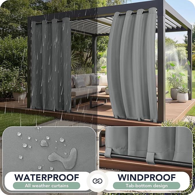 Gazebo Curtains Outdoor Waterproof 6 Panels - Windproof, Privacy, Weatherproof Outside Drapes for Patio Pergola Porch, Grommet Top and Tab Bottom Drape, 54x95 Inch, Grey RichSets
