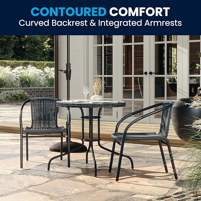 Flash Furniture 3-Piece Patio Dining Set with Round Glass Metal Table and 2 Stackable Rattan Chairs, Indoor/Outdoor Bistro Table and Chairs Set, Gray FlashFurniture