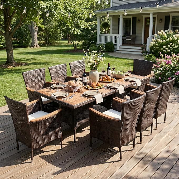 Wisteria Lane 10-Pieces Outdoor Patio Table and Chairs, Rattan Patio Table Set with Acacia Wood Tabletop, Patio Dining Furniture Set for 8 with Removable Cushions for Deck Garden Backyard, Brown WisteriaLane